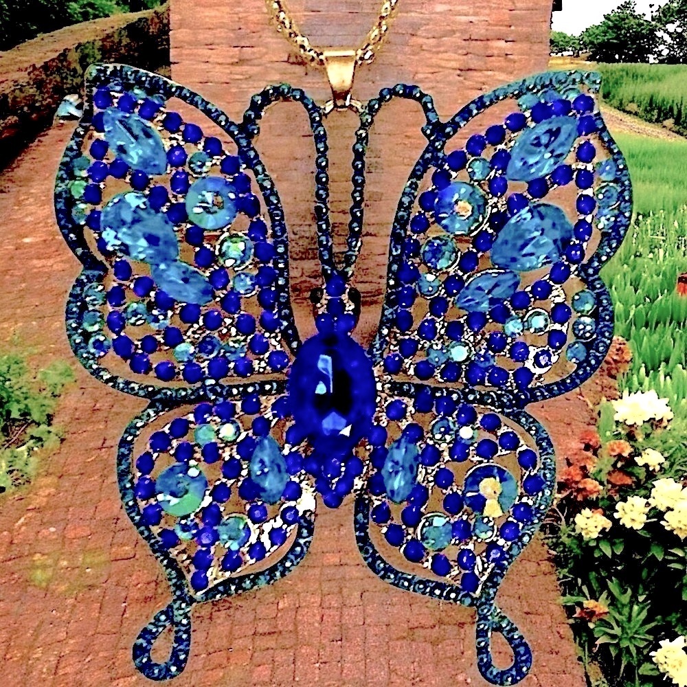 Butterfly Blue Crystal Gold Plated Chain Necklace Brooch Combination - Picture 2 of 5